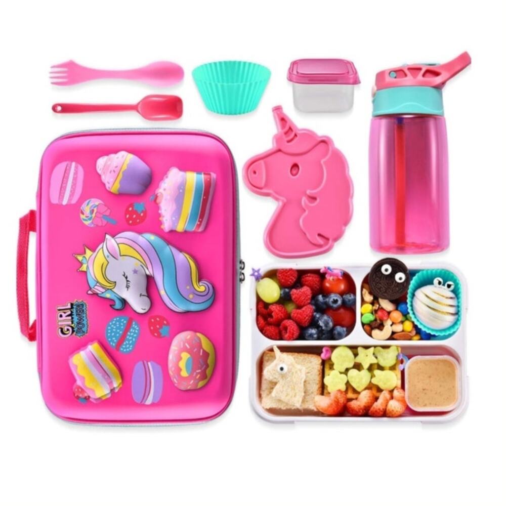 New Coo&Koo Unicorn Girl's Pink Insulated Lunch Bag Set 4 Compartment Lunchbox